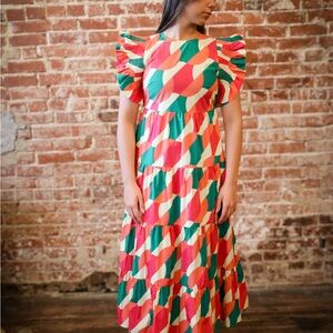Peach Love California Coral, Green Tiered Puff-Sleeve Midi Dress
